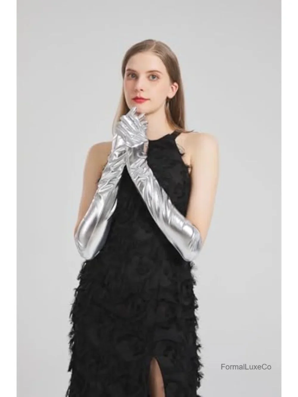Metallic Elbow Length Gloves Women Costume Opera Cosplay Faux Leather
